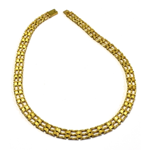 18 - 9CT GOLD FANCY LINK NECKLACE 35cm long x 7.4mm wide, triple bar and textured block work link necklac... 