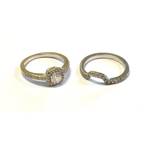 30 - DIAMOND & PLATINUM ETERNITY & SOLITARE matching rings.  The solitaire claw set with a cushion cut di... 