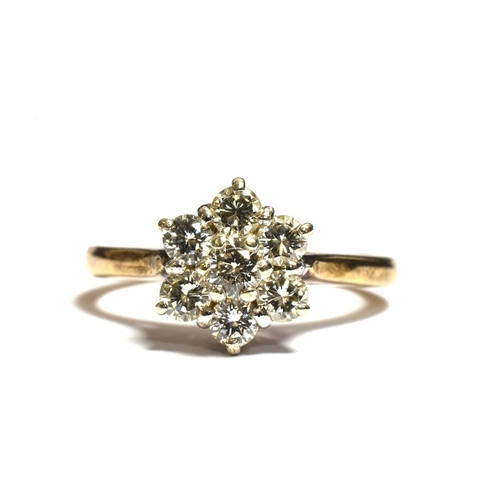 32 - DIAMOND & 9CT GOLD FLORAL CLUSTER RING 9.2mm floral cluster head, claw set with round brilliant cut ... 