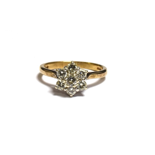 32 - DIAMOND & 9CT GOLD FLORAL CLUSTER RING 9.2mm floral cluster head, claw set with round brilliant cut ... 