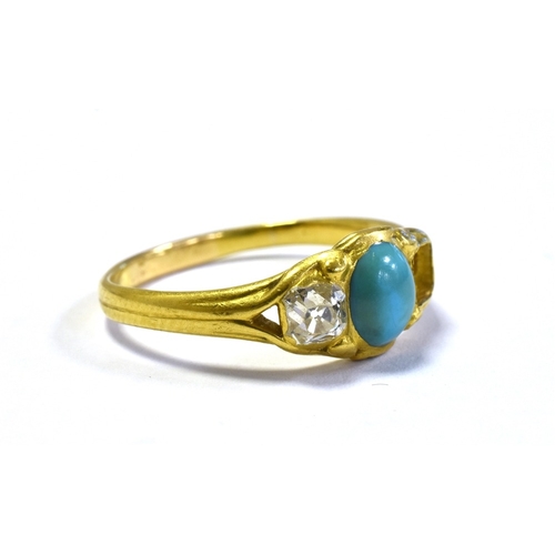 45 - 22CT OLD CUT DIAMOND & TURQUOISE RING set with an oval turquoise cabochon, flanked by an old mine cu... 