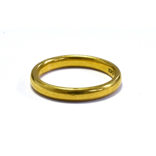 5 - 22CT GOLD PLAIN WEDDING BAND 3.0mm wide, ring size N 1/2, hallmarked 22 London 1913.  Weight 4.9 gra... 