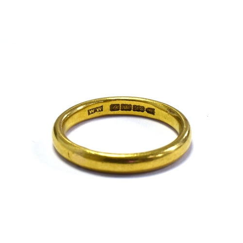 5 - 22CT GOLD PLAIN WEDDING BAND 3.0mm wide, ring size N 1/2, hallmarked 22 London 1913.  Weight 4.9 gra... 