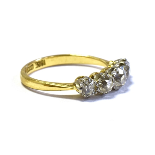 51 - 18CT OLD CUT DIAMOND FIVE STONE RING five platinum coronet claw settings, containing old mine and ol... 