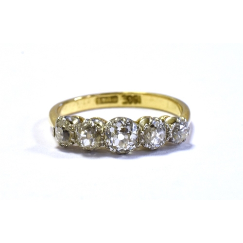 51 - 18CT OLD CUT DIAMOND FIVE STONE RING five platinum coronet claw settings, containing old mine and ol... 