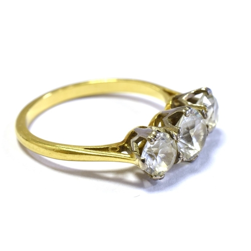 53 - 18CT GOLD THREE STONE RING Three white gold claw settings, containing quartz stones, with a yellow g... 