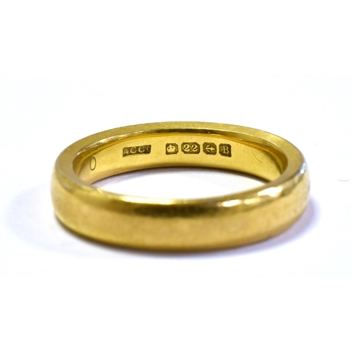 55 - 22CT GOLD PLAIN WEDDING BAND 4.3mm wide band, hallmarked 22 Birmingham 1850.  Weight 9.6 grams.