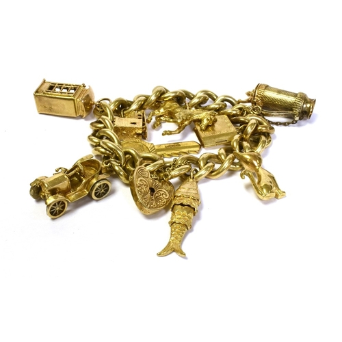 63 - HEAVY 9CT GOLD CHARM BRACELET 18cm long x 12.7mm wide, solid curb link bracelet hallmarked 375 Londo... 