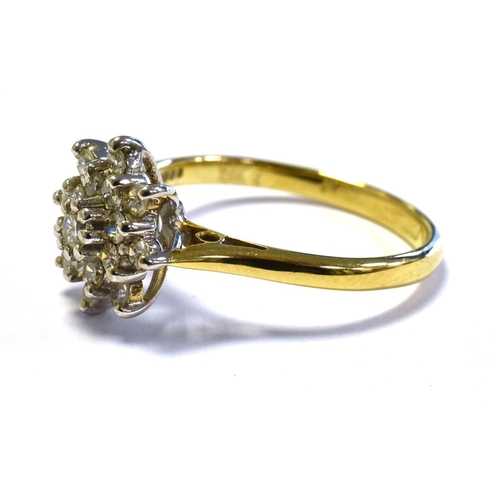 69 - 18CT GOLD & DIAMOND RING with a 10.7mm claw set basket, holding a cluster of single cut and one roun... 