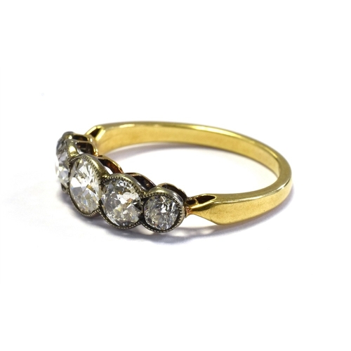 7 - 18CT GOLD & OLD CUT DIAMOND RING five old European cut diamonds, set in platinum collets, estimated ... 