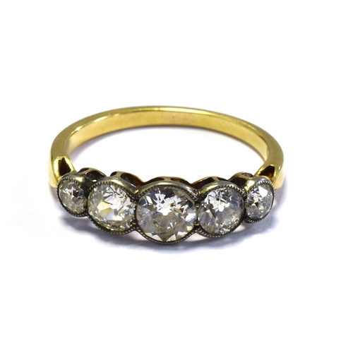 7 - 18CT GOLD & OLD CUT DIAMOND RING five old European cut diamonds, set in platinum collets, estimated ... 