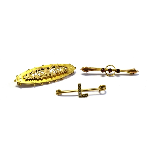 78 - ANTIQUE 9CT GOLD BAR BROOCHES to include an oblong Victorian sweetheart brooch, a ribbon bar set wit... 