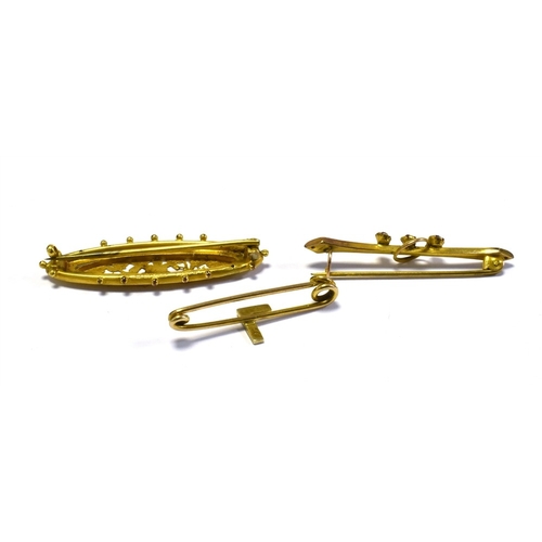 78 - ANTIQUE 9CT GOLD BAR BROOCHES to include an oblong Victorian sweetheart brooch, a ribbon bar set wit... 