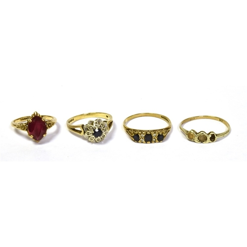 84 - 9CT GOLD & GEM SET RINGS to include an oval synthetic ruby solitaire, a sapphire and single cut diam... 