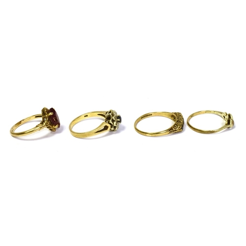 84 - 9CT GOLD & GEM SET RINGS to include an oval synthetic ruby solitaire, a sapphire and single cut diam... 