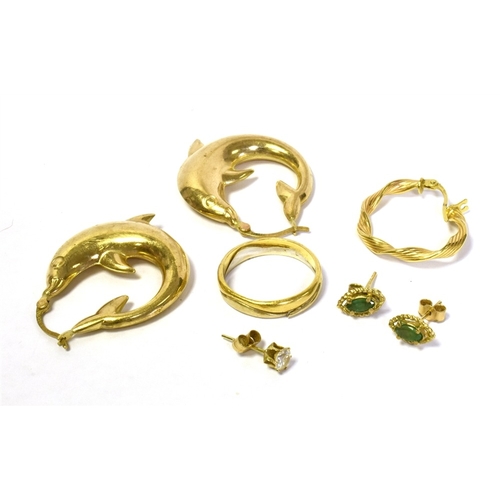 90 - 9CT GOLD EARRINGS & RING to include dolphin motif hoop earrings, emerald studs, colourless stone sin... 