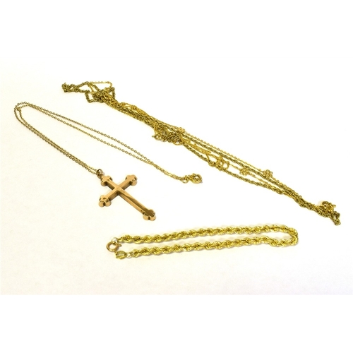 95 - 9CT GOLD CHAINS & PENDANT CROSS to include various cable and twisted foxtail link chains, engraved B... 