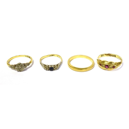 96 - 18CT GOLD GEM & DIAMOND SET RINGS to include a navette shaped ruby and old cut diamond ring, hallmar... 