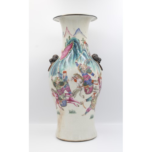 64 - Elegant 19th century Chinese famille rose vase with rare crackle and worrier pattern. Impressive squ... 