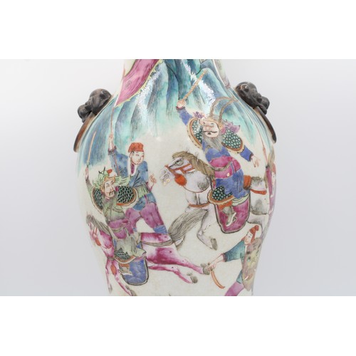 64 - Elegant 19th century Chinese famille rose vase with rare crackle and worrier pattern. Impressive squ... 