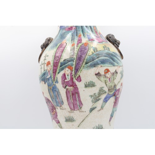 64 - Elegant 19th century Chinese famille rose vase with rare crackle and worrier pattern. Impressive squ... 