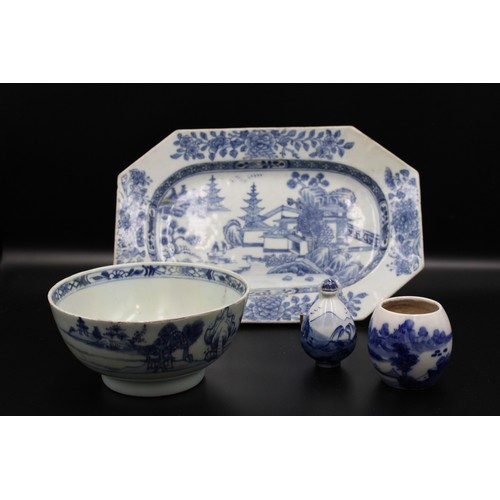 72 - Four Chinese blue & white porcelain wares including one medium size meat plate and a bowl (18th); a ... 