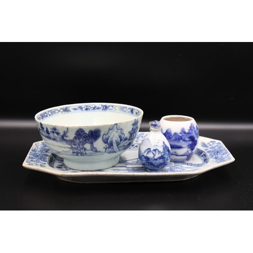 72 - Four Chinese blue & white porcelain wares including one medium size meat plate and a bowl (18th); a ... 