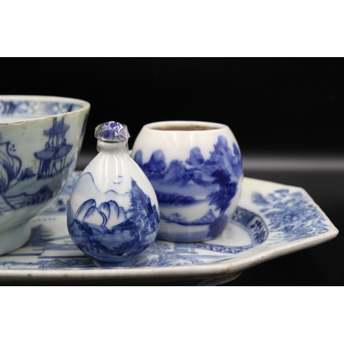 72 - Four Chinese blue & white porcelain wares including one medium size meat plate and a bowl (18th); a ... 