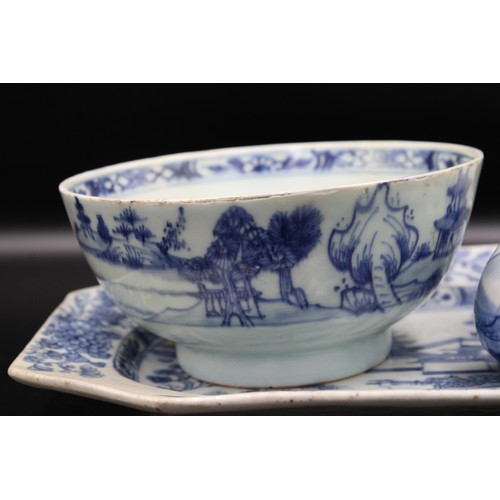 72 - Four Chinese blue & white porcelain wares including one medium size meat plate and a bowl (18th); a ... 