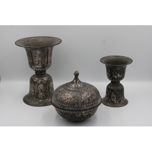 295 - Set of three 19th-century Indian bidriware items featuring exquisite silver inlay work.