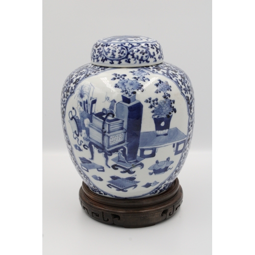 40 - A Chinese ginger jar from the Kangxi period, featuring auspicious blue and white motifs, dating back... 