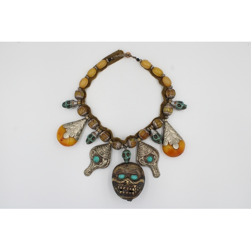 248 - Tibetan Necklace: White Metal, Turquoise, Amber colour stones, Symbolic Skull Decor.