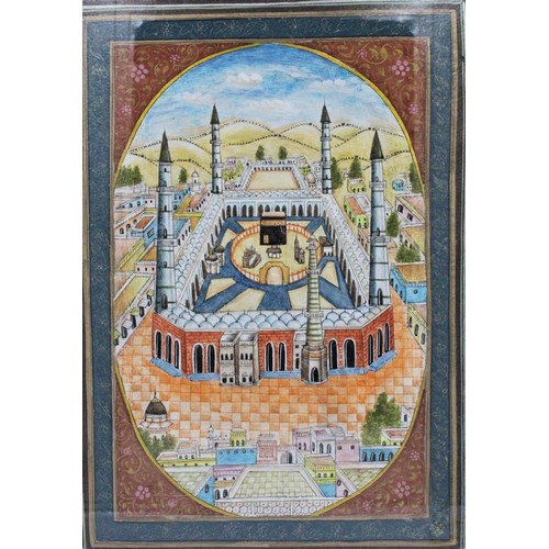 18 - An Islamic Painting of the Ka'aba with Buildings and Mountains Surrounding. 

With Frame: 
Height: A... 