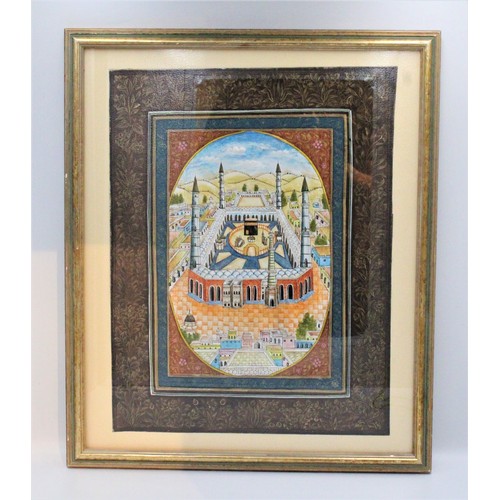 18 - An Islamic Painting of the Ka'aba with Buildings and Mountains Surrounding. 

With Frame: 
Height: A... 