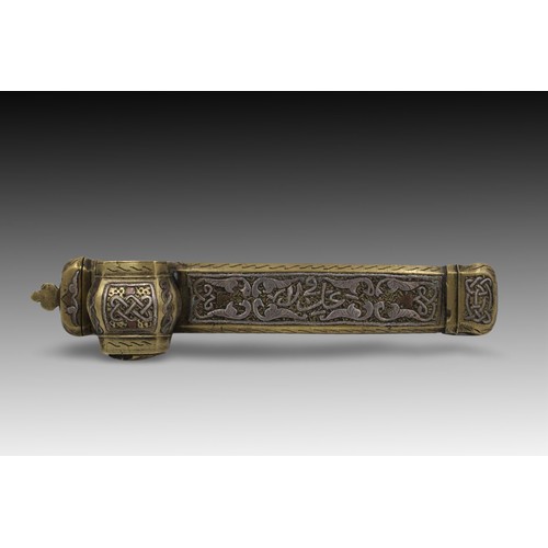 20 - An Islamic Egyptian Silver Inlaid Inkwell Qalamdan

Length: Approximately 23cm