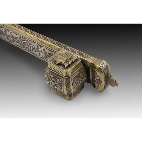 20 - An Islamic Egyptian Silver Inlaid Inkwell Qalamdan

Length: Approximately 23cm