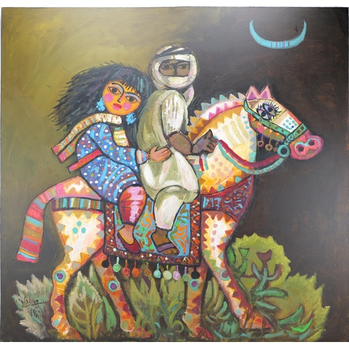 111 - An Iraqi Oil on Canvas Painting
Artist: Saadi Dawood
Title: My Lover and I
Size: 100x100cm
Oil on Ca... 