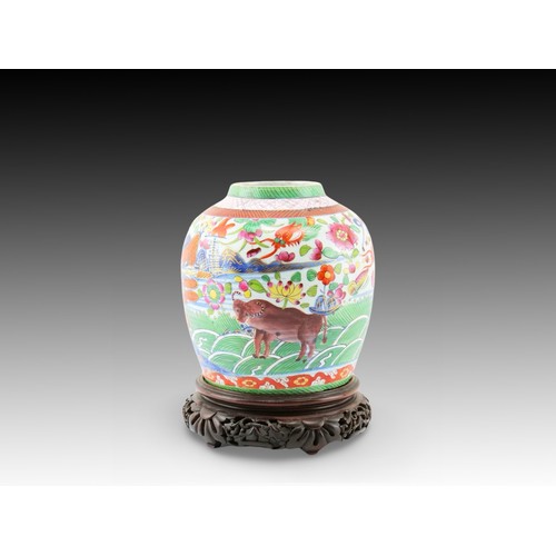 219 - A Chinese Colourful Dragon Ginger Jar from the 19th Century depicting a Bull and Floral Design with ... 