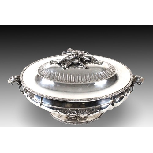 409 - A Continental Silver Soup Tureen 

Weight: 2490g
Length: Approximately 44cm
Width: Approximately 24.... 