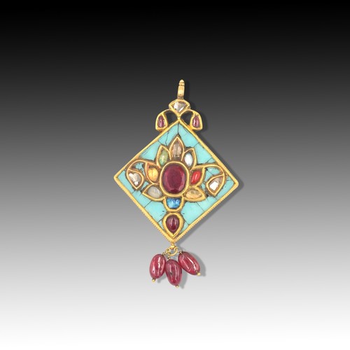 427 - An Indian High Karat Gold Pendant Embellished with Citrine, Emerald, Rubies, Turquoise, Rose-cut Dia... 