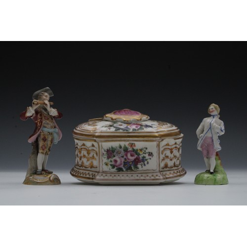 461 - A Lot of a European Porcelain Miniature Jewellery Box, 1 Porcelain Meissen Gallant Figure and 1 Porc... 