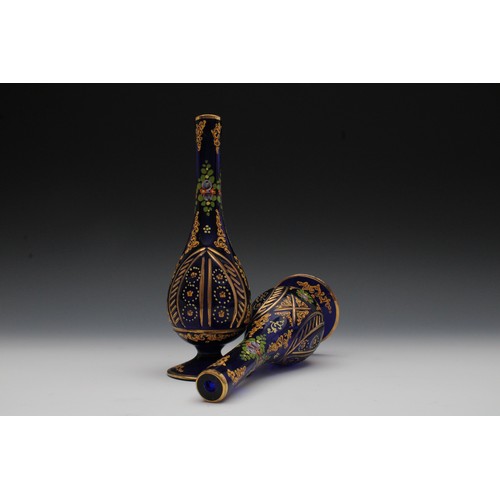 6 - A Pair of Hand Painted Dark Blue Glass Perfume Bottles from the Early 20th Century.

H: Approximatel... 