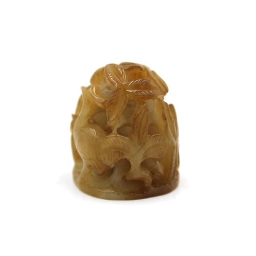 352 - A Chinese Jade Hat Finial Button with Bird and Floral Designs.  

L: Approximately 3.5cm
H: Approxim... 