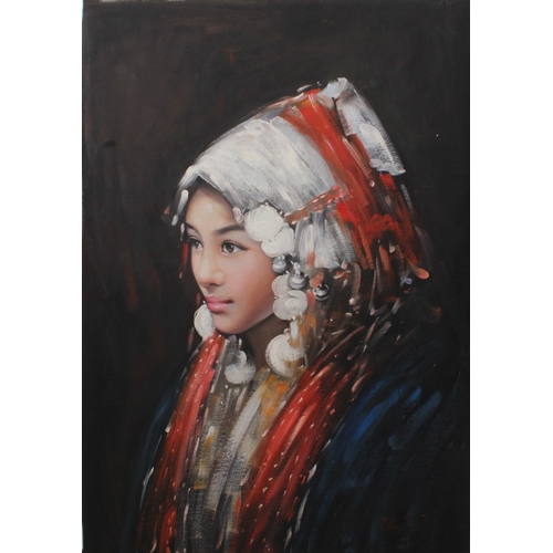 104 - A Chinese Signed Oil Painting on Fabric Depicting a Chinese Lady in Traditional Clothing from the La... 