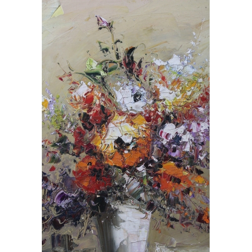 106 - A Chinese Signed Oil Painting on Fabric of a Vase with Flowers from the Late 20th Century.

Approxim... 