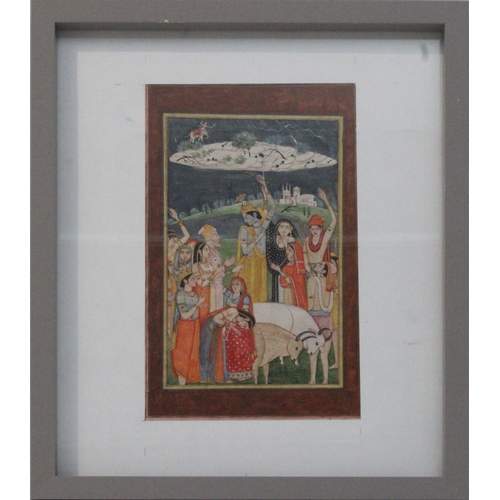 107 - An Indian Miniature Painting of Krishna Holding Mount Govardhan.

Approximately 33 X 28cm