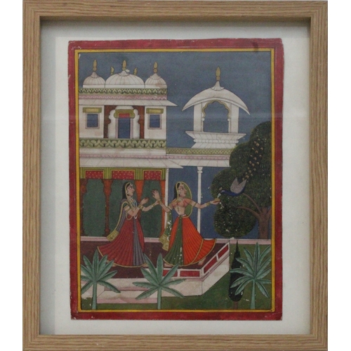 111 - An Indian Miniature Painting Bundi School from a Ragini Series of Queen and Attendant in Palace.

Ap... 