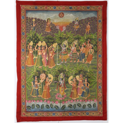 168 - An Indian Pichwai Painting on Cloth of Rash Lila or Krishna Dancing Gopis.

H: Approximately 123cm 
... 