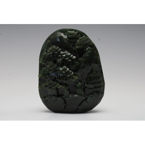 358 - A Chinese Green Jade Large Pendant Depicting a Landscape.

Approximately 8 X 6.5cm