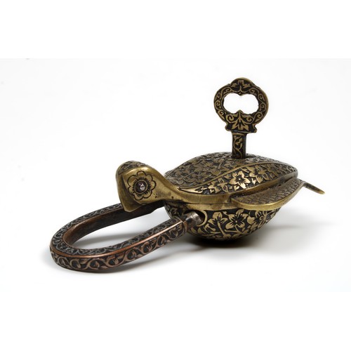 61 - An Islamic Brass Indo-Persian Lock and Key in the Form of a Bird with Arabic Calligraphy Written 